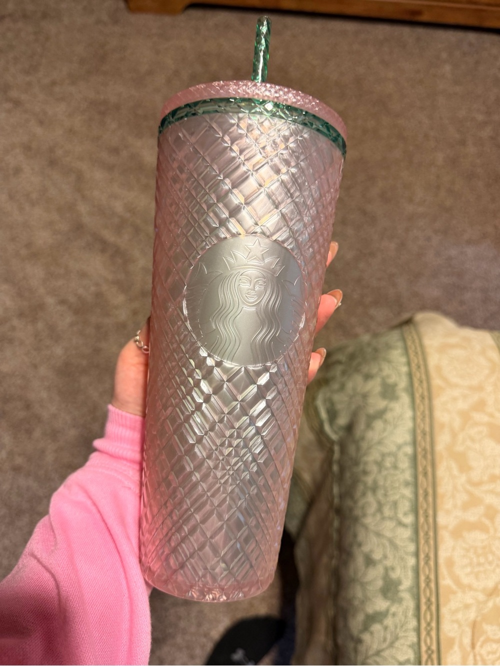 Starbucks Pink Iridescent Studded Tumbler with Green Accent